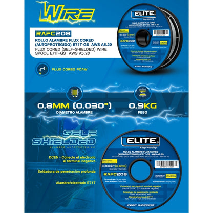 ROLLO ALAMBRE FLUX CORED (AUTOPROTEGIDO) E71T-GS 100mm 2Lb (0,9KG) 0,8MM (0.030) ELITE