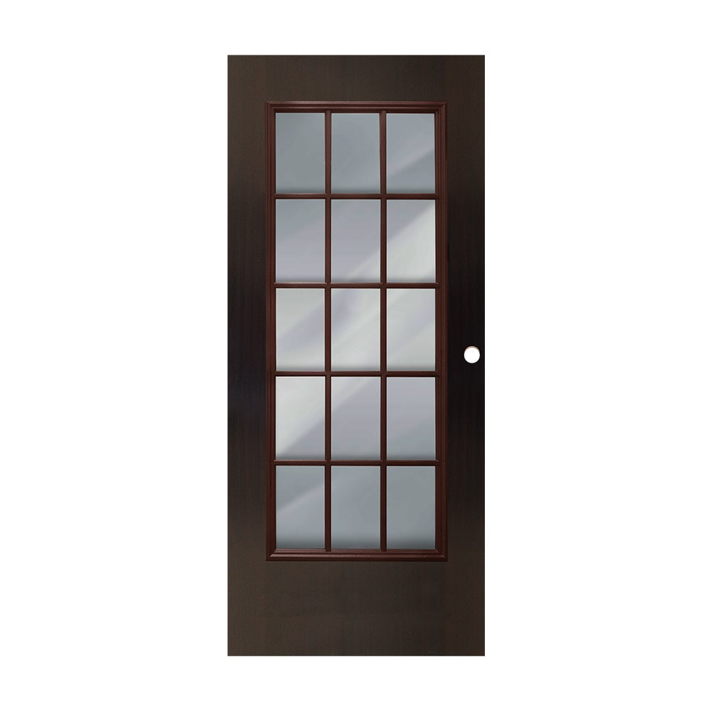 PUERTA DE METAL 3' X 7' CON BASTIDOR DE MADERA 15 VIDRIOS ACABADO MADERA CAOBA METALPRO