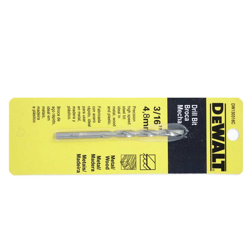 BROCA  ACERO RAPIDO PARA METAL Y MADERA  3/16 PULGADAS DEWALT (DW130316C)