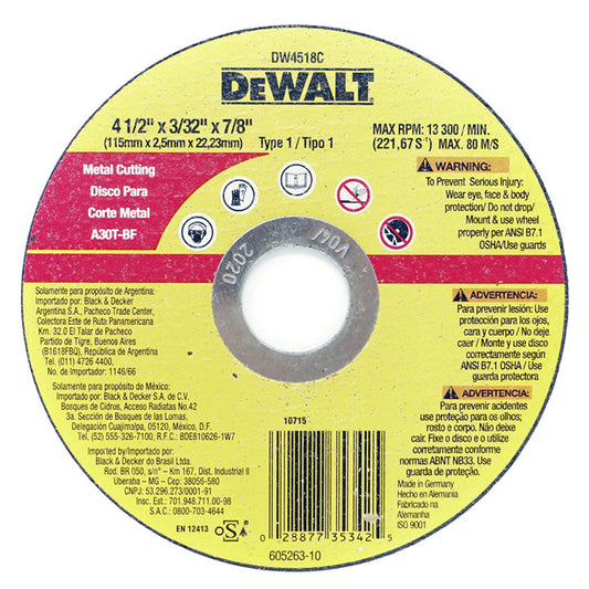 DISCO CORTE METAL 4 1/2 PULGADAS X 3/32 PULGADAS X 7/8 PULGADAS DW4518C DEWALT