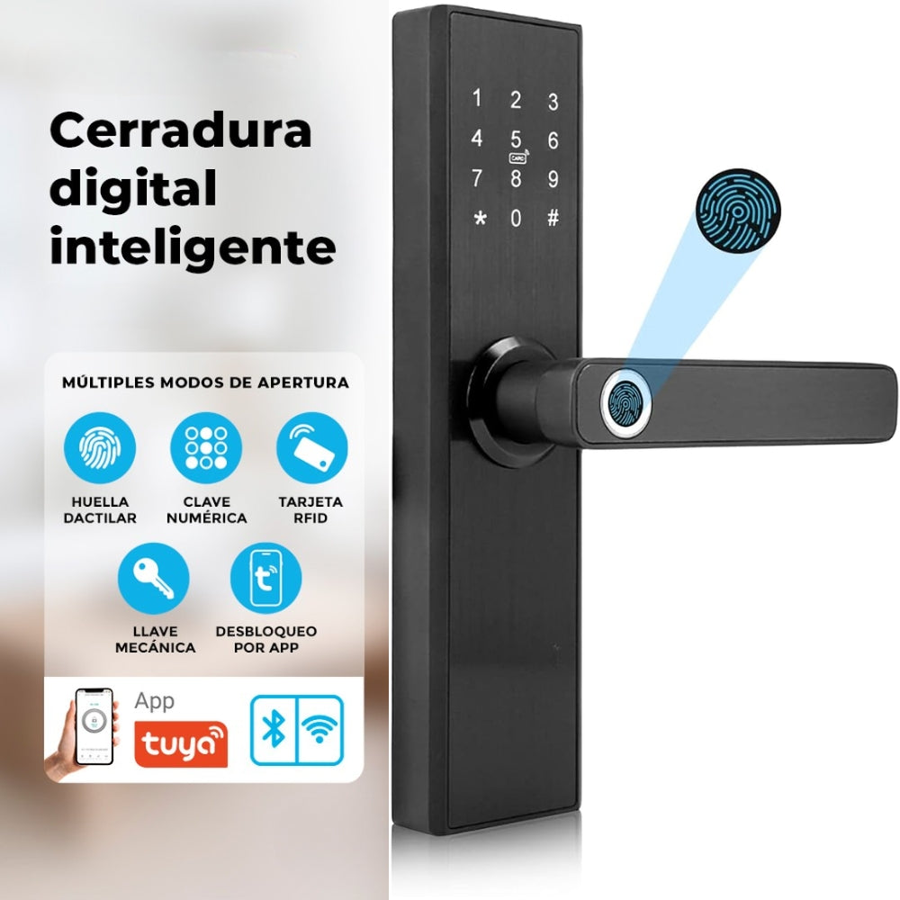 CERRADURA INTELIGENTE BIOMETRICA NEGRA DIGITAL 5 METODOS DE APERTURA HR-12 LOCKPRO
