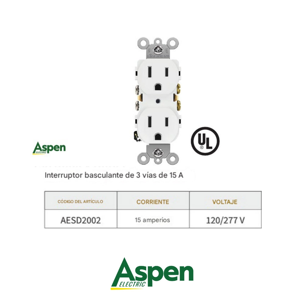 TOMA CORRIENTE DOBLE BLANCO 15A/125V UL ASPEN