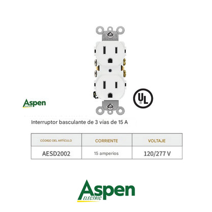 TOMA CORRIENTE DOBLE BLANCO 15A/125V UL ASPEN