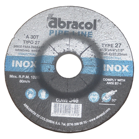 DISCO DESBASTE INOXIDABLE 4-1/2 PULGADAS  X 1/4 PULGADAS  X 7/8 PULGADAS  A30T - ABRACOL (ABD7A0030066)
