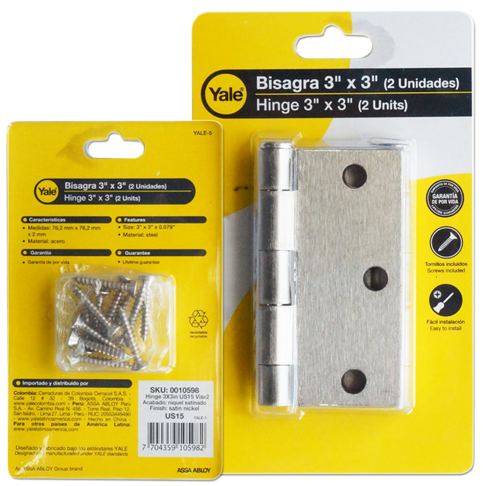 BISAGRA NIQUEL SATINADO 3 X 3 IN PAR YALE