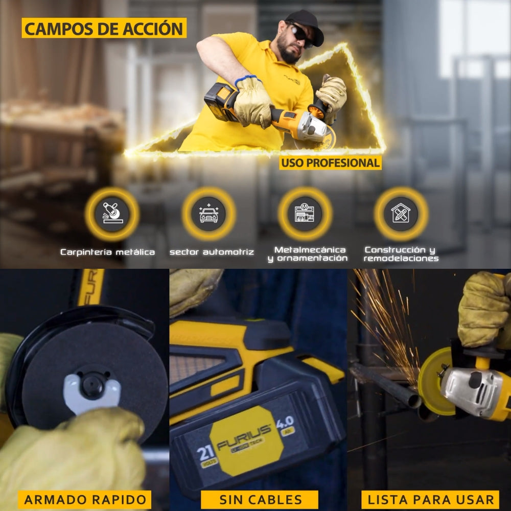 ESMERILADORA ANGULAR INALÁMBRICA BRUSHLESS 21V 4-1/2 PULGADAS. 9,000 RPM. CON BATERÍA LI-ION DE 4AH + CARGADOR 2.4AH CON CONTROL DE CARGA + DISCO DE DESBASTE