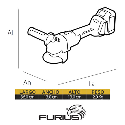ESMERILADORA ANGULAR INALÁMBRICA BRUSHLESS 21V 4-1/2 PULGADAS. 9,000 RPM. CON BATERÍA LI-ION DE 4AH + CARGADOR 2.4AH CON CONTROL DE CARGA + DISCO DE DESBASTE