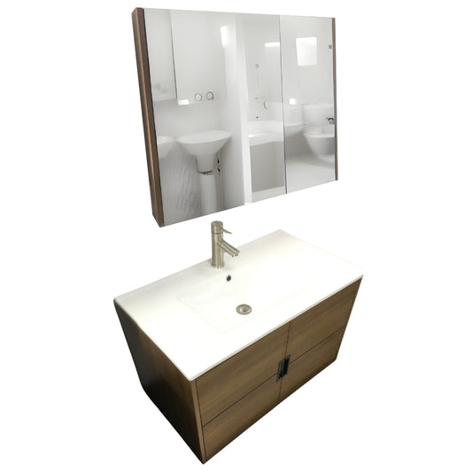 MUEBLE DE BAÑO DE PVC CON LAVAMANO Y GRIFERIA DIAMOND 0.8X0.465X0.5 M INCLUYE BOTIQUIN CON ESPEJO 0.75X0.15X0.7 M PE9-80 NOGAL MARRON