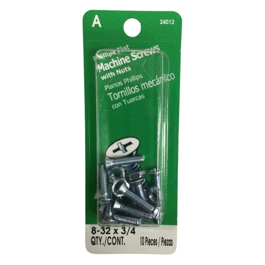 TORNILLO DE MAQUINA CON TUERCA CAB PLANA PHILLIPS N°8-32 x 3/4 PULGADAS ROSCA ESTANDAR