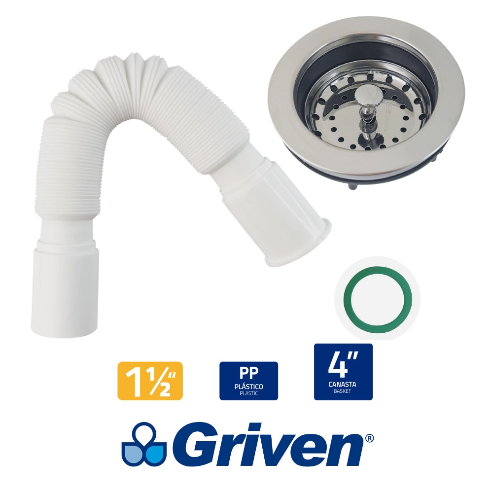 TRAMPA FLEXIBLE CON CANASTA PARA FREGADERO 1 1/2 PULGADAS GRIVEN A367-HDB114
