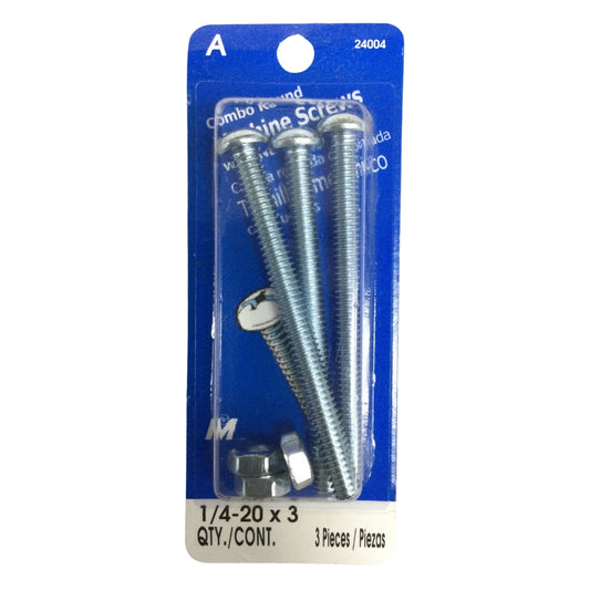TORNILLO DE MAQUINA ZINCADO CAB REDONDA COMBO 1/4 PULGADAS-20 x 3 PULGADAS ROSCA ESTANDAR