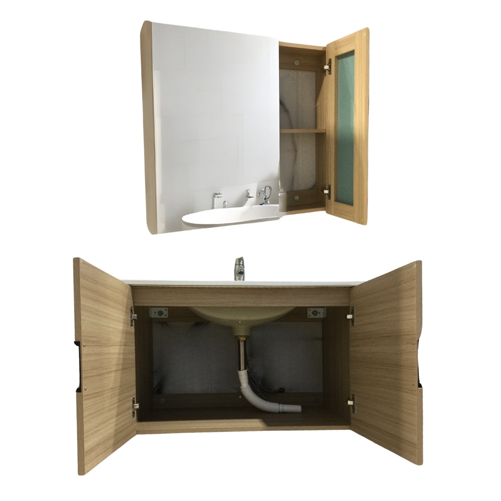 MUEBLE DE BAÑO DE PVC CON LAVAMANO Y GRIFERIA DIAMOND 0.8X0.465X0.5 M INCLUYE BOTIQUIN CON ESPEJO 0.75X0.15X0.7 M PE9-80 ROBLE BEIGE