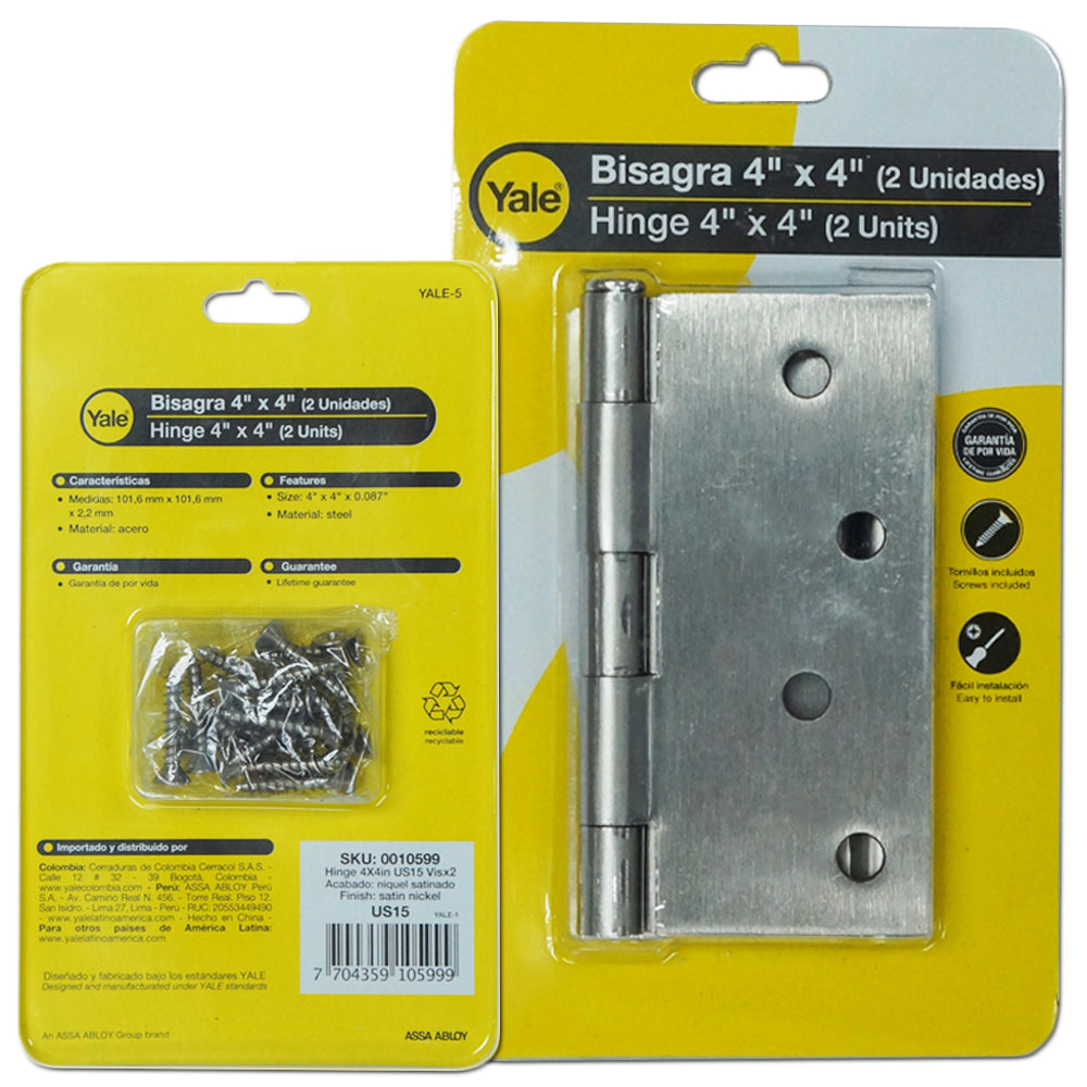BISAGRA PLATEADA  4 PULGADAS  X 4 PULGADAS PAR YALE