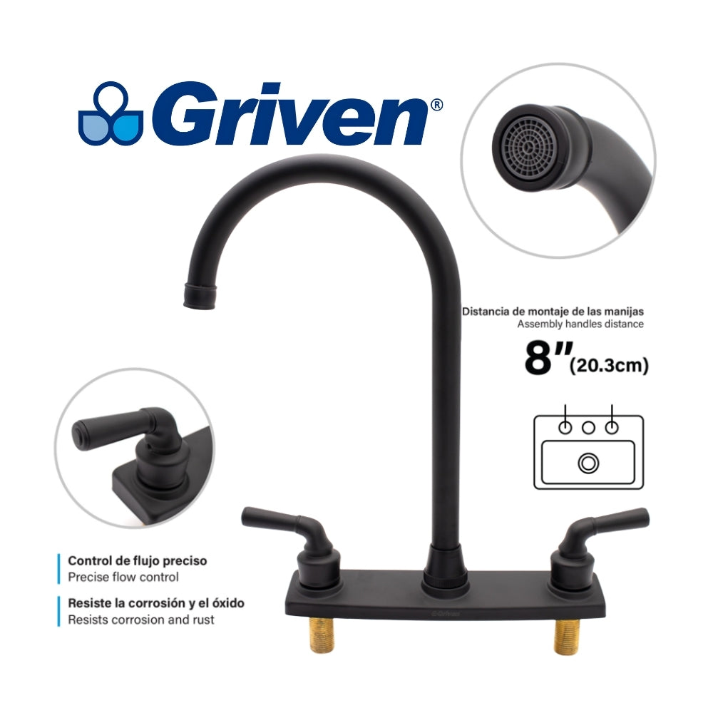 LLAVE DOBLE DE FREGADOR TIPO CUELLO ALTO 8 PULGADAS NEGRO GRIVEN A367-BF802