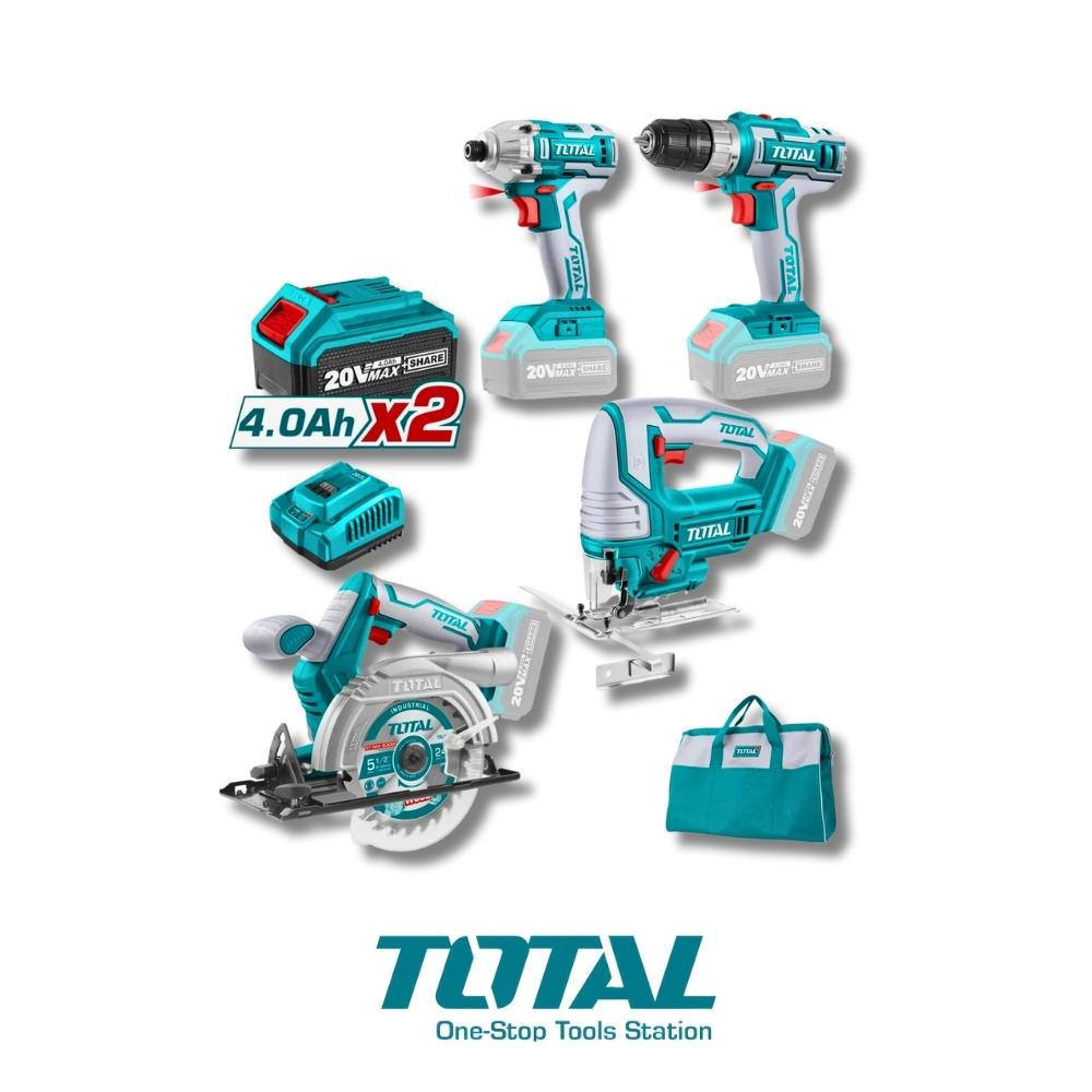 COMBO INALÁMBRICO 20V TOTAL DRILL + LLAVE IMPACTO + CALADORA + SIERRA CIRCULAR UTCKLI2010
