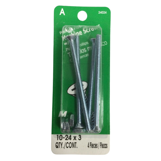 TORNILLO DE MAQUINA CON TUERCA CAB PLANA PHILLIPS N°10-24 x 3 PULGADAS ROSCA ESTANDAR
