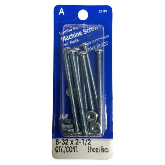 TORNILLO DE MAQUINA CAB REDONDA COMBO CON TUERCA N°8-32 x 2-1/2 PULGADAS ROSCA ESTANDAR