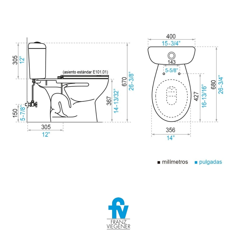 INODORO FV DOS PIEZAS MILÁN ESTÁNDAR SIMPLE DESCARGA BOTÓN NEGRO E116-S-NE