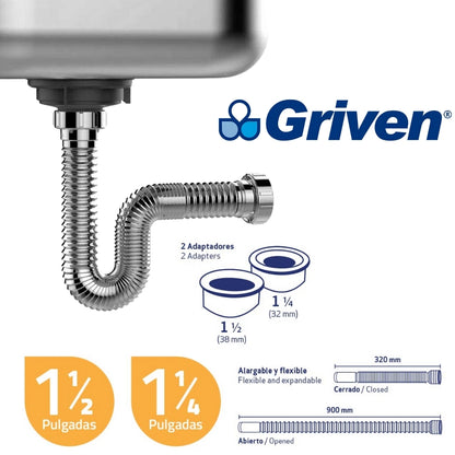 SIFON FLEXIBLE CROMADO PARA LAVAMANOS O FREGADERO GRIVEN GV-HDA-151C