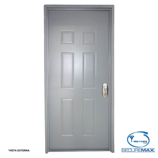 PUERTA DE SEGURIDAD 6 PANELES CON MARCO 3 PIES X 7 PIES GRIS IZQUIERDA CON CERRADURA PLATEADA SECURE MAX