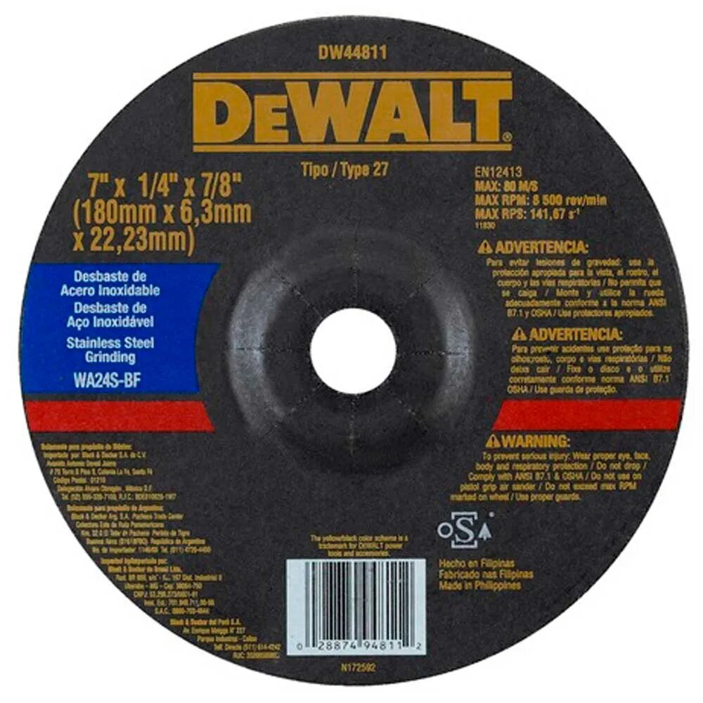 DISCO DE DESBASTE  7 PULGADAS X 1/4 PULGADAS X 7/8 PULGADAS  PARA ACERO DW44811 DEWALT