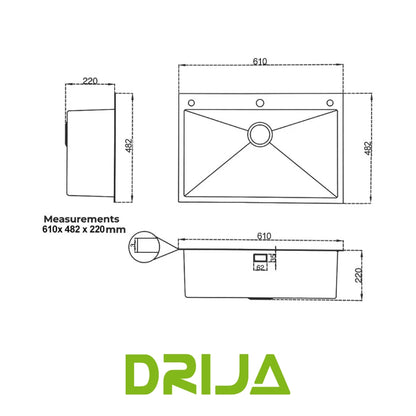 FREGADOR SENCILLO DE ACERO INOXIDABLE SATINADO 61CM DE LUJO (BOLONIA 61)