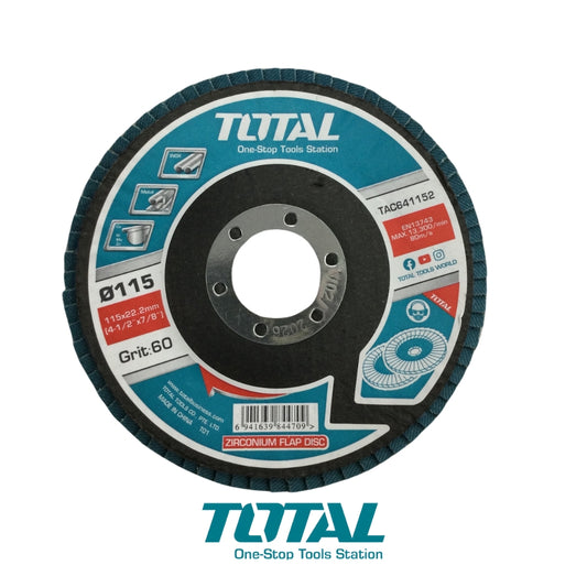 DISCO FLAP DE ZIRCONIO 4-1/2 PULGADASX7/8 PULGADAS 115X22MM GRANO P60 TOTAL TAC641152