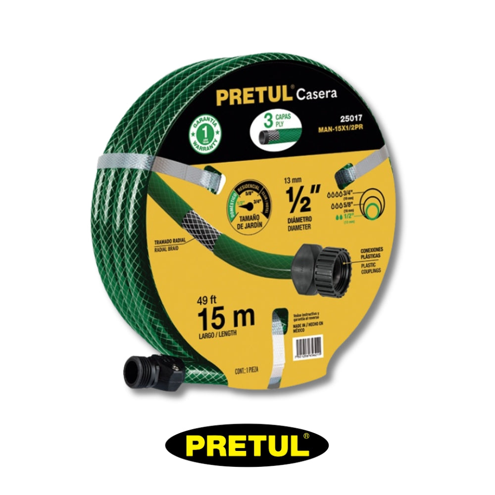 MANGUERA PRETUL 3 CAPAS REFORZADA 1/2 PULGADAS X 49 PIES (15M)