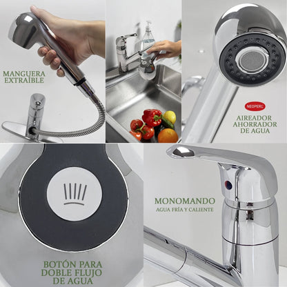 LAVE DE FREGADERO MONOMANDO MANGUERA EXTRAIBLE ACABADO CROMO BM825-0201