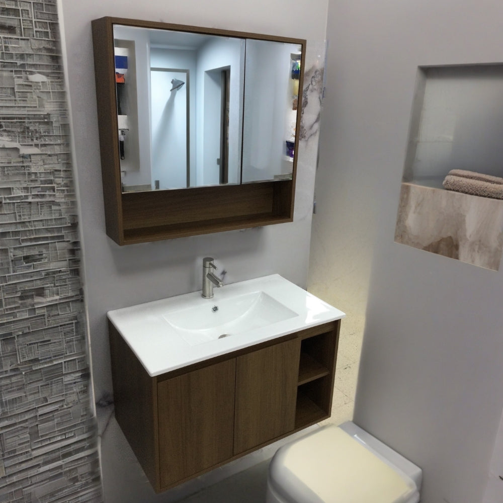 MUEBLE DE BAÑO DE PVC CON LAVAMANO Y GRIFERIA YATES 0.8X0.465X0.5 M INCLUYE BOTIQUIN CON ESPEJO 0.75X0.15X0.7 M PE10-80 NOGAL MARRON