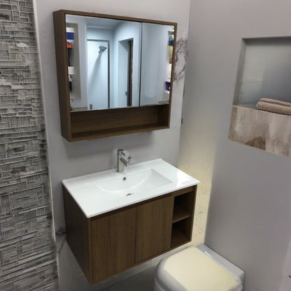MUEBLE DE BAÑO DE PVC CON LAVAMANO Y GRIFERIA YATES 0.8X0.465X0.5 M INCLUYE BOTIQUIN CON ESPEJO 0.75X0.15X0.7 M PE10-80 NOGAL MARRON