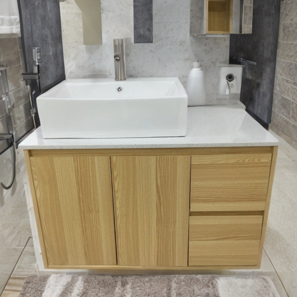 MUEBLE DE BAÑO EN PLYWOOD LAMINADO AEREO CON LAVAMANO Y GRIFERIA 2 PUERTAS + 2 GAVETAS 0.90X0.52X0.55 M COLOR MADERA YK201-B14 MOD. YKL-V005 PLY