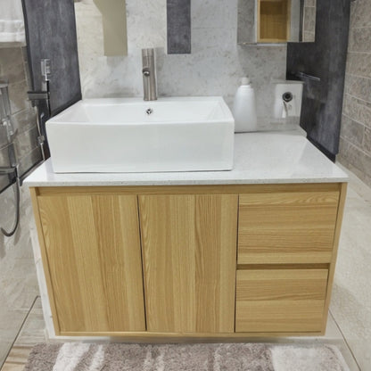 MUEBLE DE BAÑO EN PLYWOOD LAMINADO AEREO CON LAVAMANO Y GRIFERIA 2 PUERTAS + 2 GAVETAS 0.90X0.52X0.55 M COLOR MADERA YK201-B14 MOD. YKL-V005 PLY