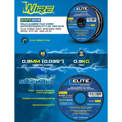 ROLLO ALAMBRE FLUX CORED (AUTOPROTEGIDO) E71T-GS 100mm 2Lb (0,9KG) 0,9MM (0.035) ELITE