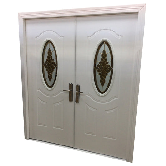 PUERTA MULTIPUNTOS GALVANIZADA  VITRAL OVALADO DOBLE 6 PIES X 7 PIES ACABADO BLANCO