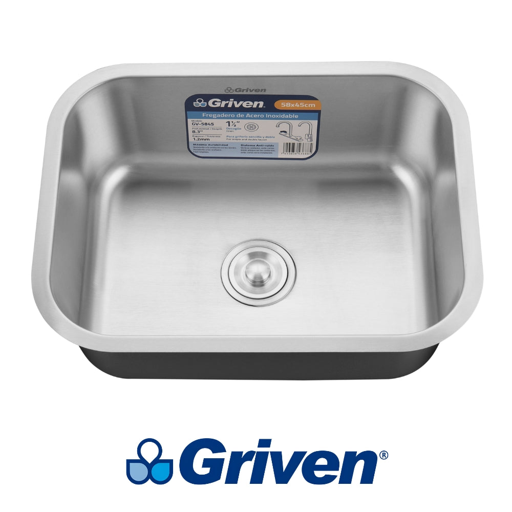 FREGADOR BAJO MESA SENCILLO DE ACERO INOXIDABLE 58X45 CM (23 PULGADASX17 PULGADASX8 PULGADAS) GRIVEN GV-5845