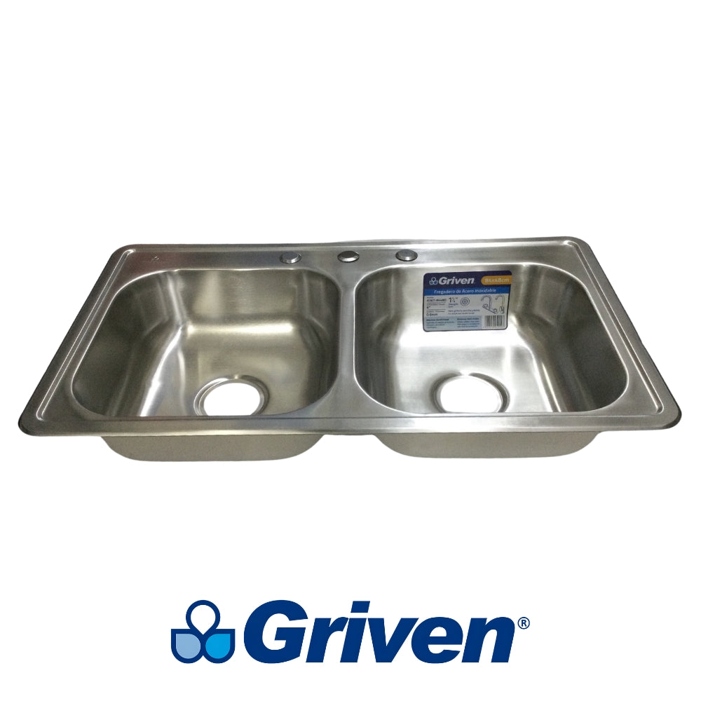 FREGADOR DE EMPOTRAR DOBLE DE ACERO INOXIDABLE 84 X 48 CM (33 IN X19 IN X 6 IN) GRIVEN A367-8448D