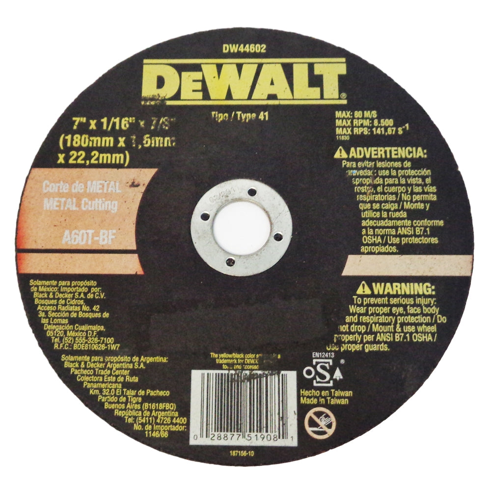 DISCO CORTE METAL 7 PULGADAS X 7/8 PULGADA X 1.6mm DW44602 DEWALT