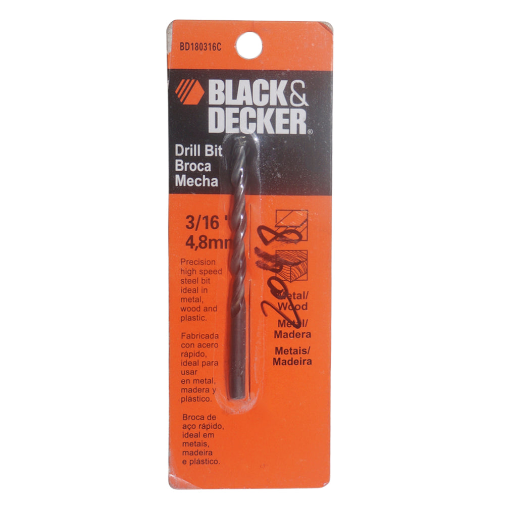 BROCA  ACERO RAPIDO PARA METAL  Y MADERA 3/16  PULGADAS BLACK & DECKER (BD180316C)