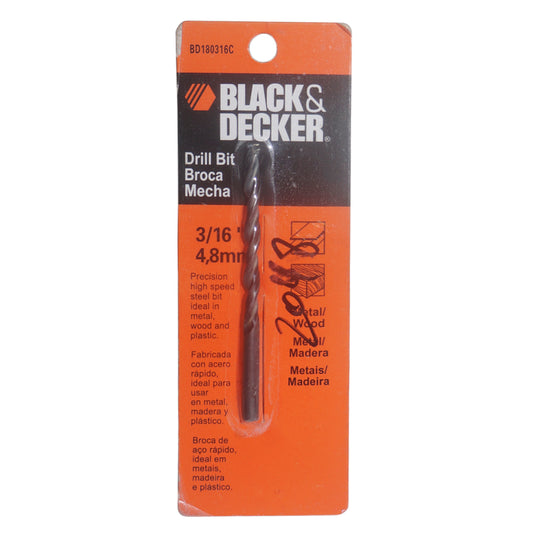 BROCA  ACERO RAPIDO PARA METAL  Y MADERA 3/16  PULGADAS BLACK & DECKER (BD180316C)