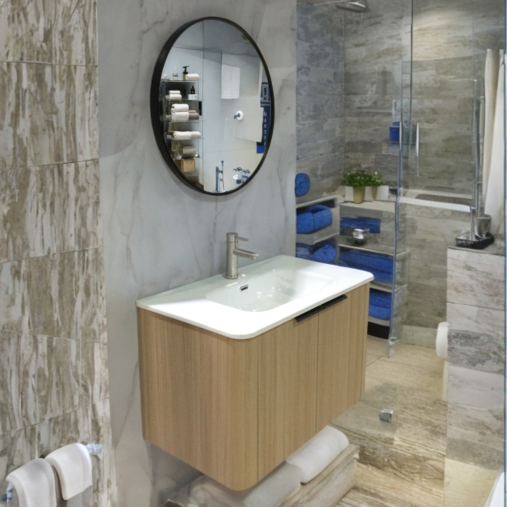 MUEBLE DE BAÑO DE PVC CON LAVAMANO Y GRIFERIA ESSENCE 80X46.5X50 CM INCLUYE ESPEJO 60X60CM CAP116-80 BOA-ROBLE
