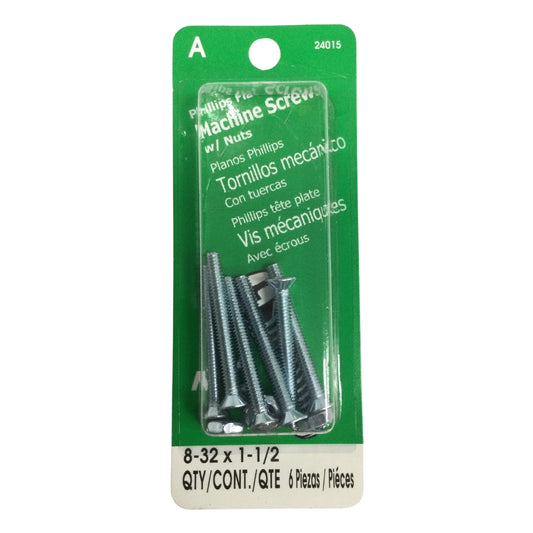 TORNILLO DE MAQUINA CON TUERCA CAB PLANA PHILLIPS N°8-32 x 1-1/2 PULGADAS ROSCA ESTANDAR
