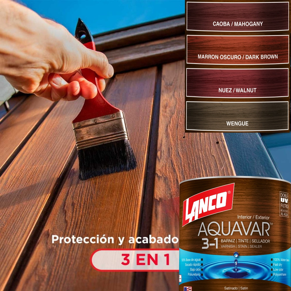 BARNIZ 3 EN 1 AQUAVAR COLOR NUEZ-WALNUT 1/4 GL AQ1362-5 LANCO
