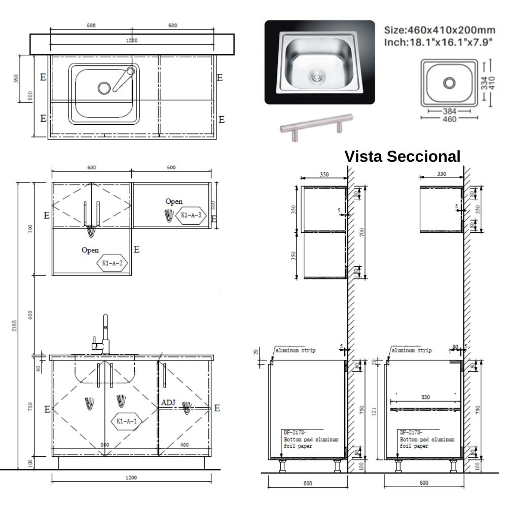 MUEBLE DE COCINA CON FREGADOR Y GABINETE AEREOS COLOR BLANCO YKL-CG-03/TH2242 IZQUIERDO 1.20M