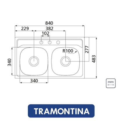 FREGADOR DE EMPOTRAR DOBLE 33 PULGADASX19 PULGADAS (840 MM X 483 MM) TRAMONTINA