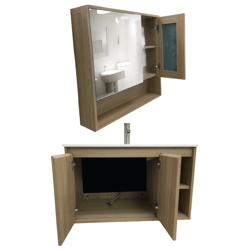 MUEBLE DE BAÑO DE PVC CON LAVAMANO Y GRIFERIA YATES 0.8X0.465X0.5 M INCLUYE BOTIQUIN CON ESPEJO 0.75X0.15X0.7 M PE10-80 ROBLE BEIGE