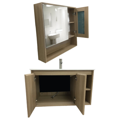 MUEBLE DE BAÑO DE PVC CON LAVAMANO Y GRIFERIA YATES 0.8X0.465X0.5 M INCLUYE BOTIQUIN CON ESPEJO 0.75X0.15X0.7 M PE10-80 ROBLE BEIGE