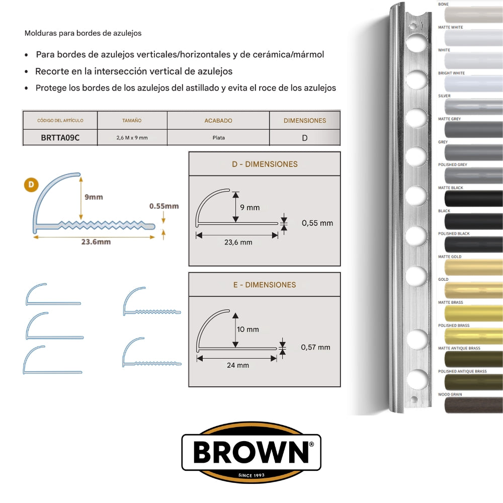 PERFIL GUARDACANTO REDONDEADO DE ALUMINIO PARA PROTEGER ESQUINAS DE REVESTIMIENTOS 23.6 MM X 9 MM X 2.6M BRTTA09C