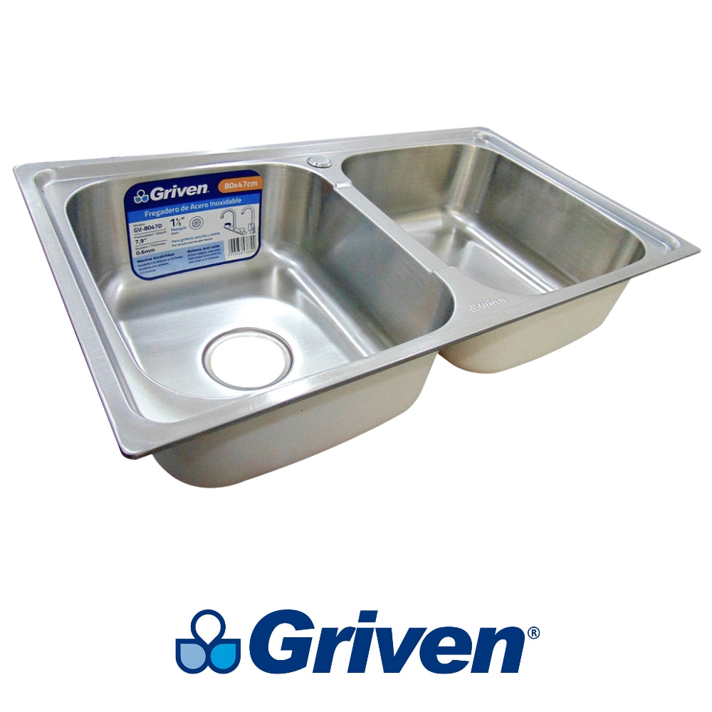 FREGADOR DE EMPOTRAR DOBLE DE ACERO INOXIDABLE 80 X 47 X 20 CM GRIVEN GV-8047D