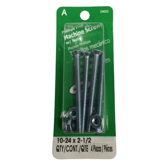 TORNILLO DE MAQUINA CON TUERCA CAB PLANA PHILLIPS N°10-24 x 2-1/2 PULGADAS ROSCA ESTANDAR